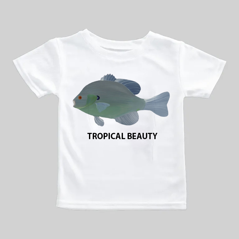 White t-shirt with a colorful tropical fish illustration and 'TROPICAL BEAUTY' text.