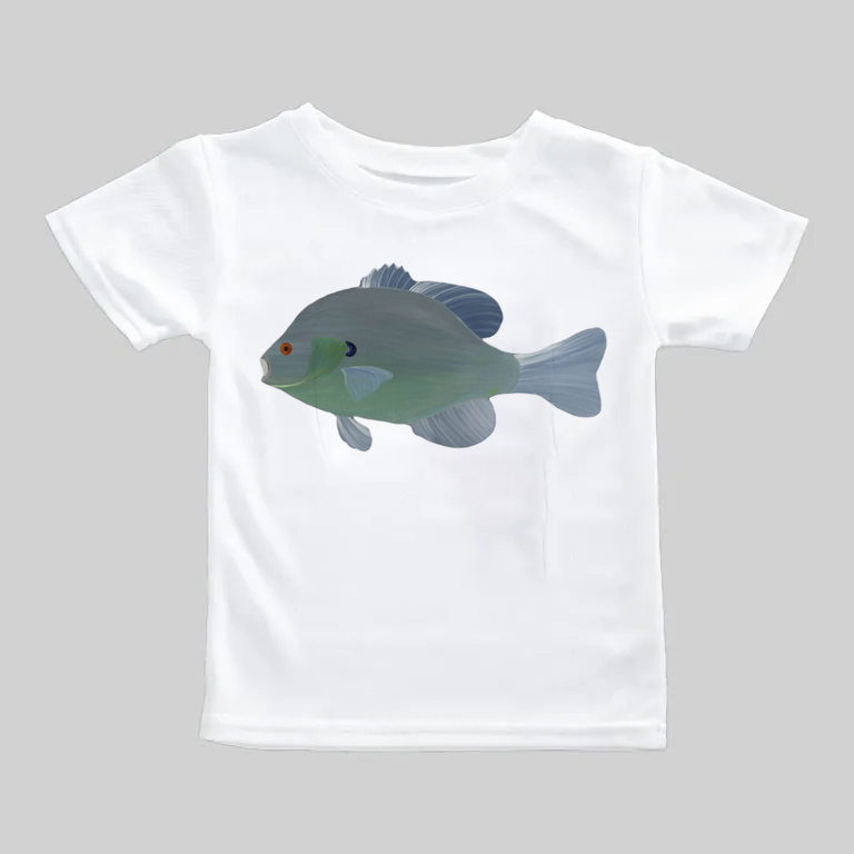 White t-shirt featuring a realistic fish illustration in muted colors.