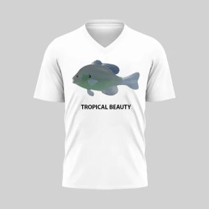 White v-neck t-shirt with a tropical fish design and 'TROPICAL BEAUTY' text.