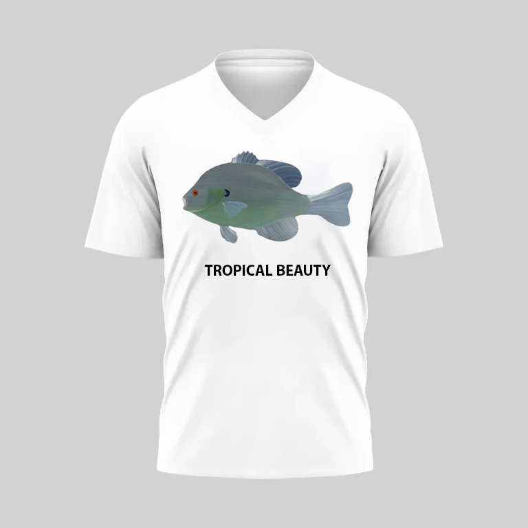 White v-neck t-shirt with a tropical fish design and 'TROPICAL BEAUTY' text.