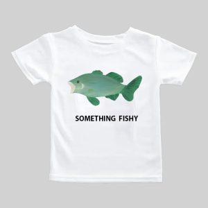 White T-shirt with a green fish and 'SOMETHING FISHY' text.