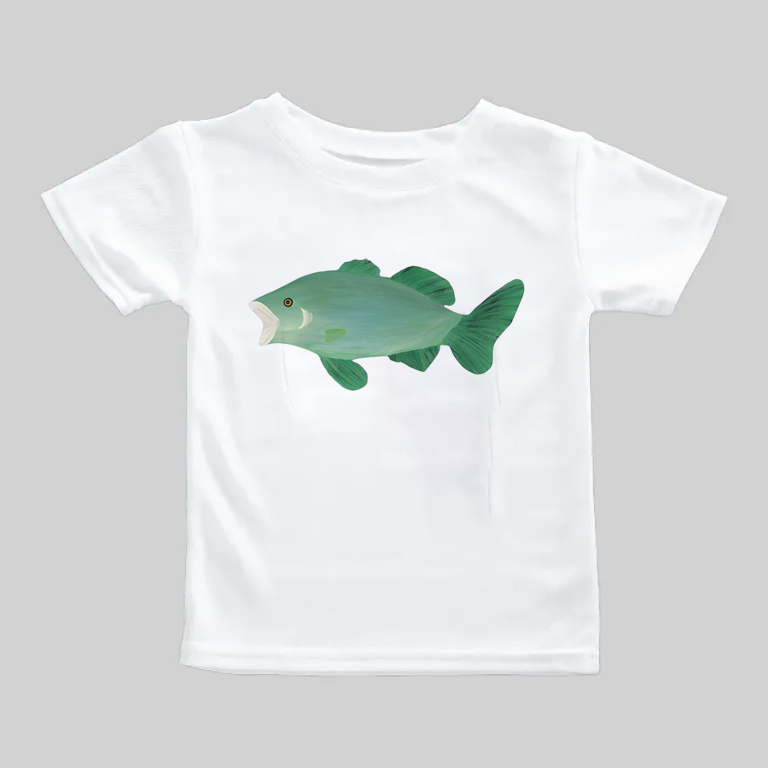 White t-shirt with a green fish graphic in the center.