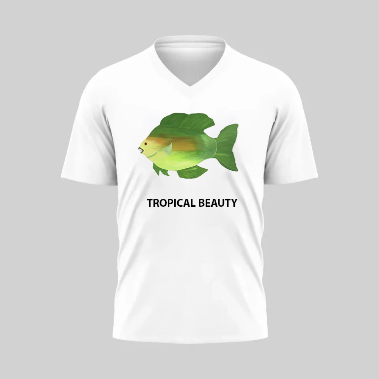 White V-neck T-shirt with a tropical fish design and 'Tropical Beauty' text.
