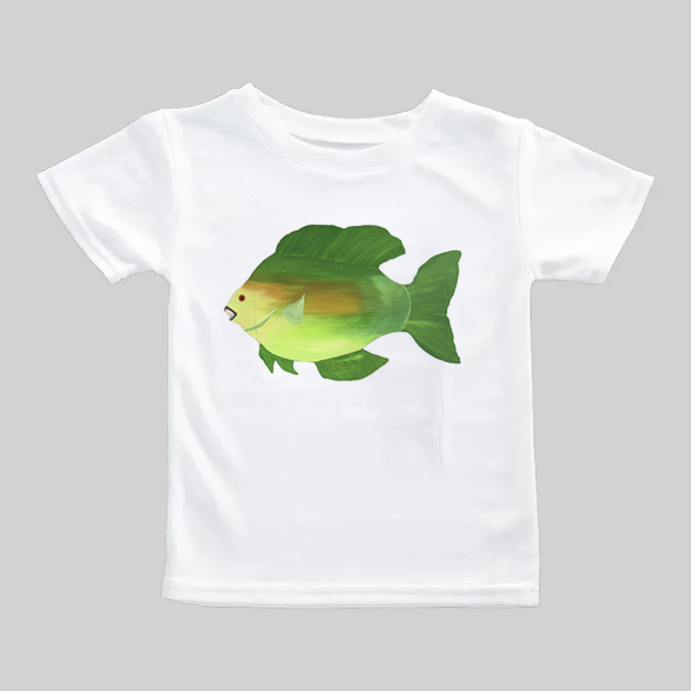 White t-shirt with a colorful fish graphic on the front.