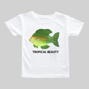 White T-shirt with a tropical leaf and flower design.