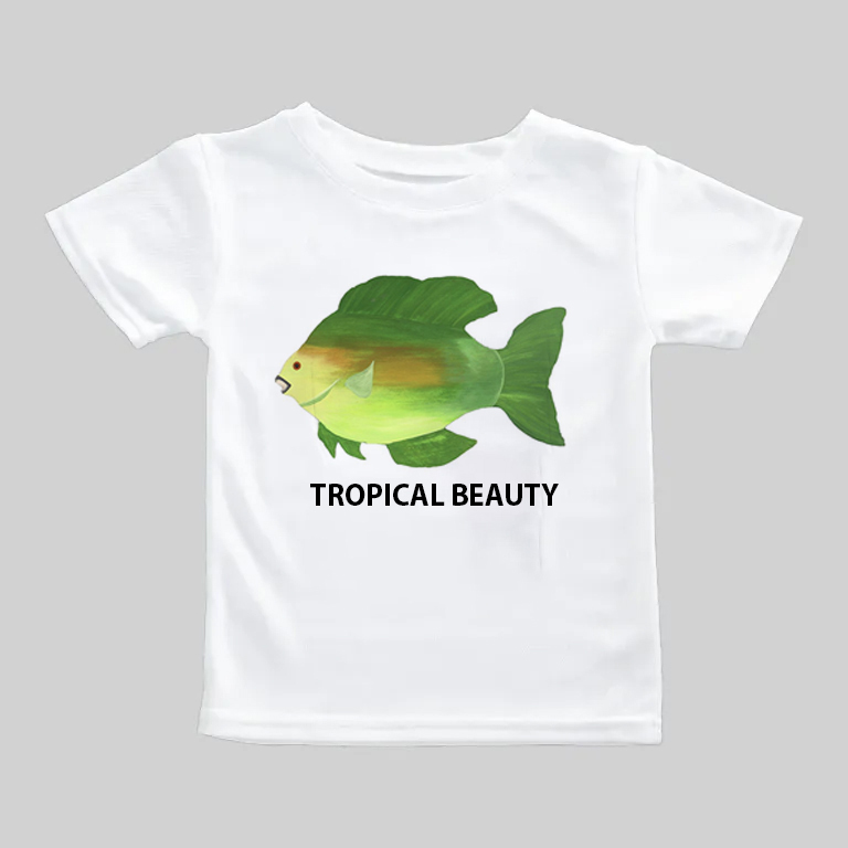 White T-shirt with a tropical leaf and flower design.