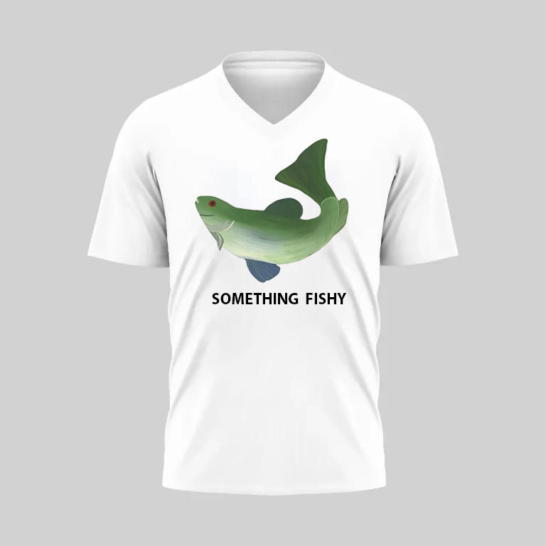 White t-shirt with a green fish and text design.