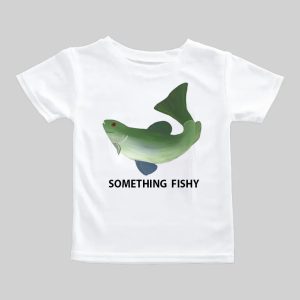 White t-shirt with a green fish and text 'SOMETHING FISHY'.