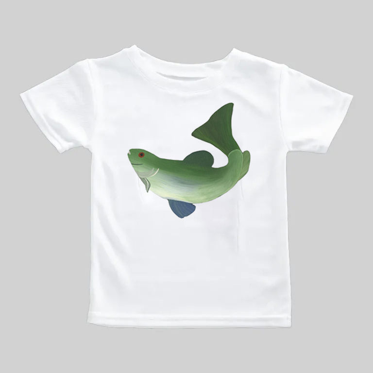 White t-shirt with a green fish graphic on the front.