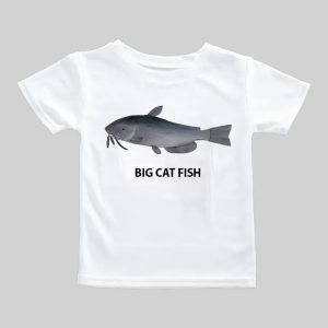White t-shirt with a big catfish illustration and text.