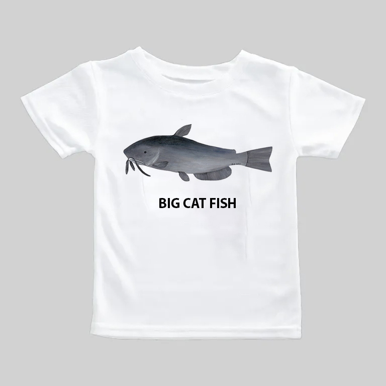 White t-shirt with a big catfish illustration and text.