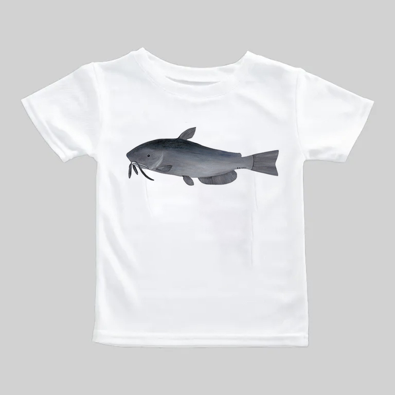 White t-shirt with a realistic catfish illustration on the front.