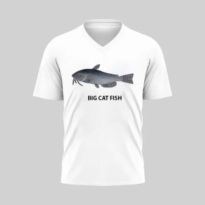 White V-neck T-shirt with a black catfish graphic and text.