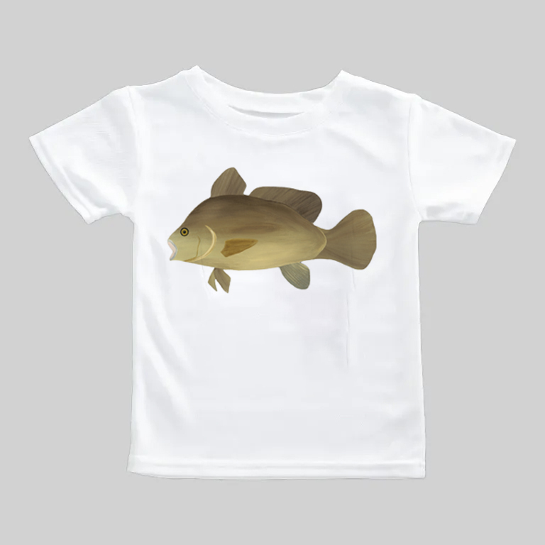 White t-shirt with a realistic fish graphic on the front.