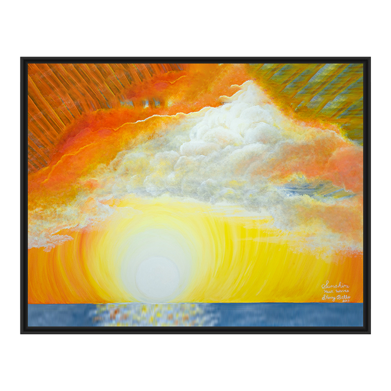 Abstract painting with a bright sun and colorful sky above water.