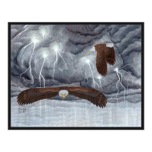 Surreal scene with a nest, egg, and lightning in a stormy sky.