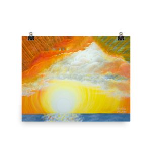 Sunset painting with vibrant orange and yellow hues over water.