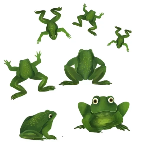 Illustration of various green frogs in different poses and sizes.